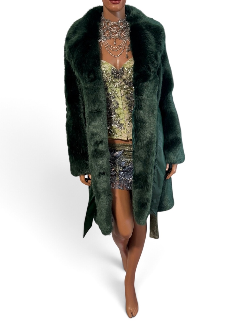 Marciano Guess Matilda Green Faux Fur Belted Coat 0 XXS NWT